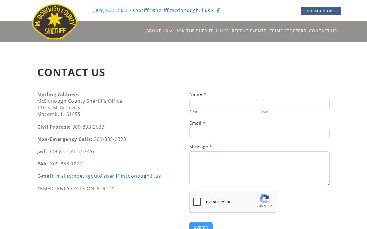 McDonough County Sheriff contact page with jail and non-emergency numbers