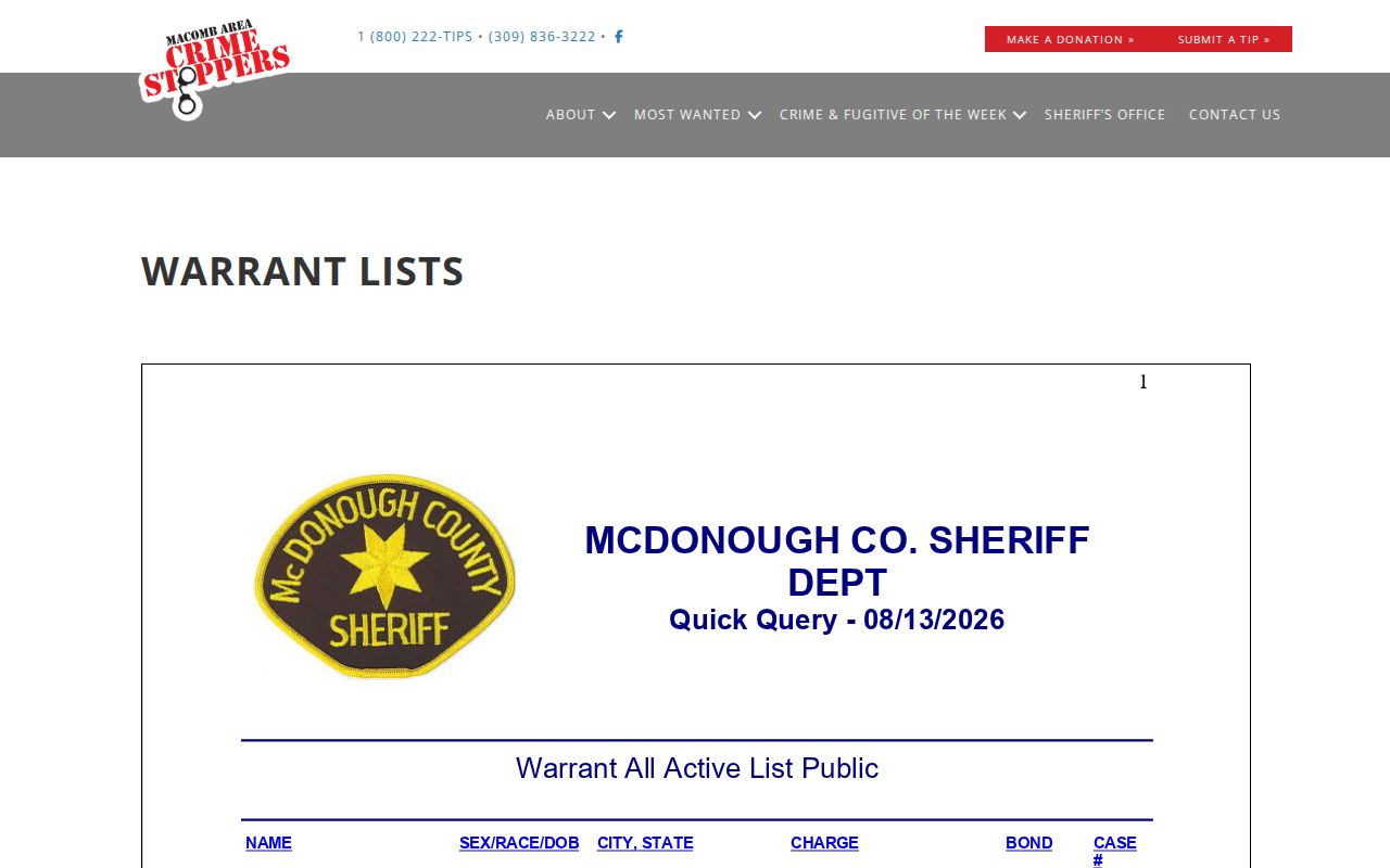 Official McDonough County Sheriff warrant-list page with a dated PDF link