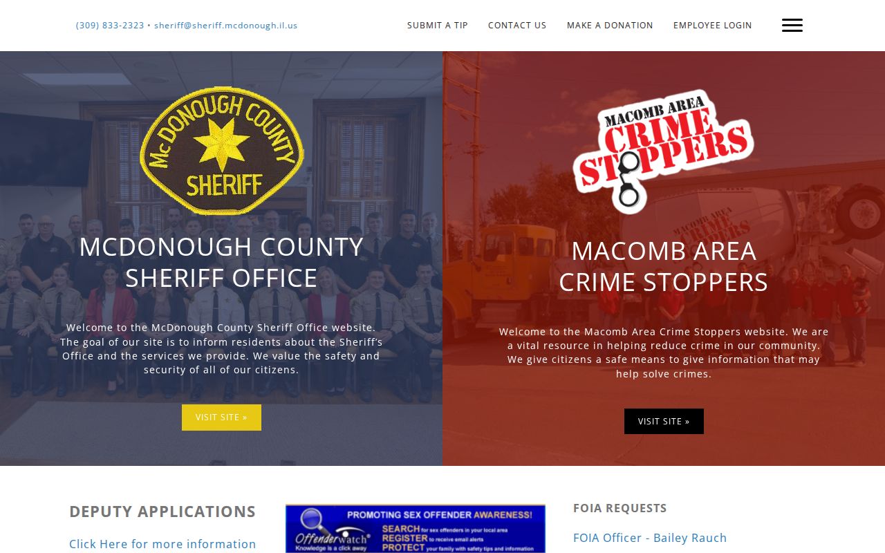 McDonough County Sheriff homepage with FOIA contact and official records navigation