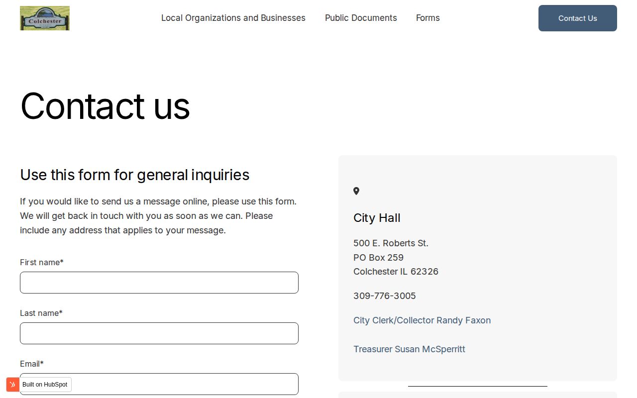 Official City of Colchester contact page listing the police chief and city contact information