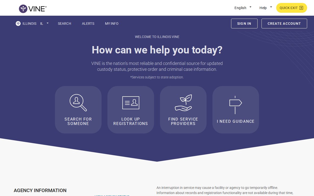 Illinois VINELink offender and custody search screen